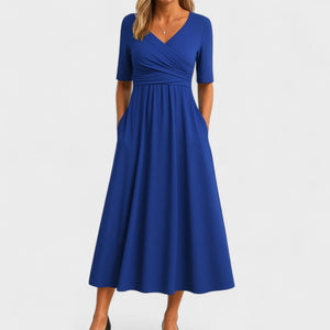 Wrap V-Neck Midi Dress Empire Waist & Pockets – Eulalie - Blue - Bellux