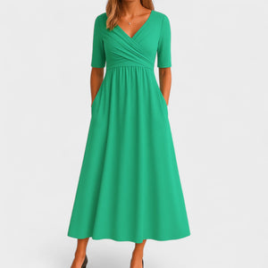 Wrap V-Neck Midi Dress Empire Waist & Pockets – Eulalie - Green - Bellux