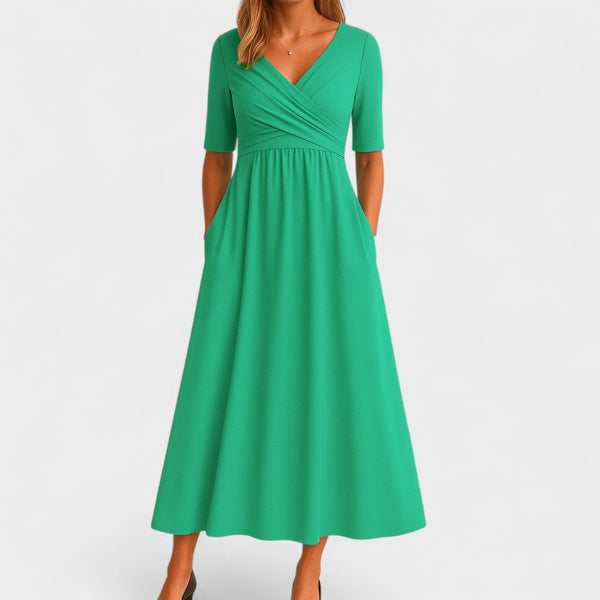Wrap V-Neck Midi Dress Empire Waist & Pockets – Eulalie - Green - Bellux