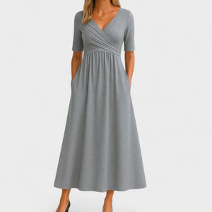Wrap V-Neck Midi Dress Empire Waist & Pockets – Eulalie - Grey - Bellux