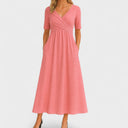 Wrap V-Neck Midi Dress Empire Waist & Pockets – Eulalie - Pink - Bellux