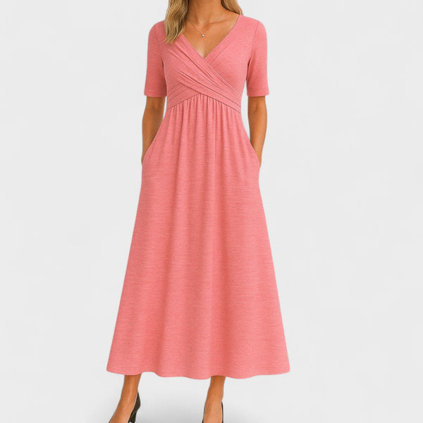 Wrap V-Neck Midi Dress Empire Waist & Pockets – Eulalie - Pink - Bellux