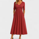 Wrap V-Neck Midi Dress Empire Waist & Pockets – Eulalie - Red - Bellux