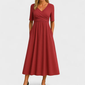 Wrap V-Neck Midi Dress Empire Waist & Pockets – Eulalie - Red - Bellux