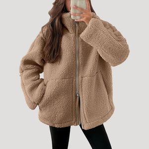 Zip-Up Teddy Jacket - Relaxed Fit Plush Fleece - Beige - Bellux