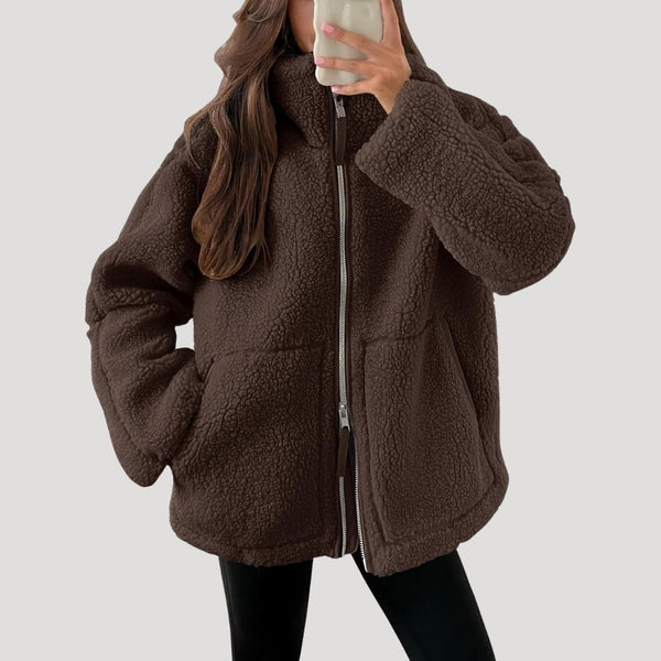 Zip-Up Teddy Jacket - Relaxed Fit Plush Fleece - Dark Brown - Bellux
