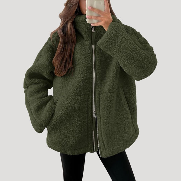 Zip-Up Teddy Jacket - Relaxed Fit Plush Fleece - Green - Bellux