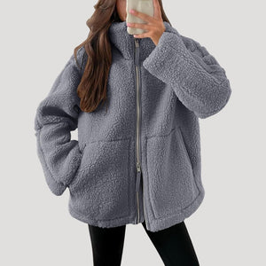 Zip-Up Teddy Jacket - Relaxed Fit Plush Fleece - Grey - Bellux