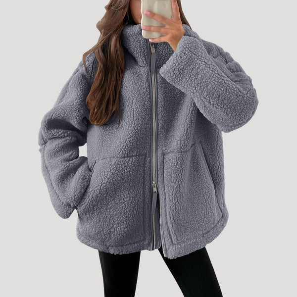 Zip-Up Teddy Jacket - Relaxed Fit Plush Fleece - Grey - Bellux