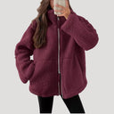 Zip-Up Teddy Jacket - Relaxed Fit Plush Fleece - Red - Bellux