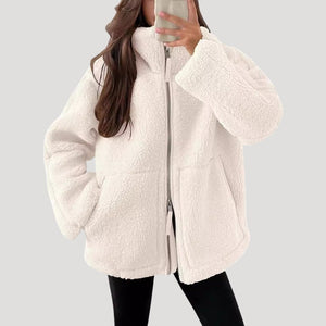 Zip-Up Teddy Jacket - Relaxed Fit Plush Fleece - White - Bellux